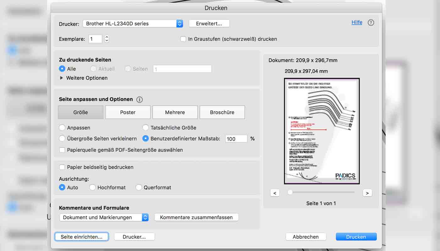 SizeFinder ausdrucken